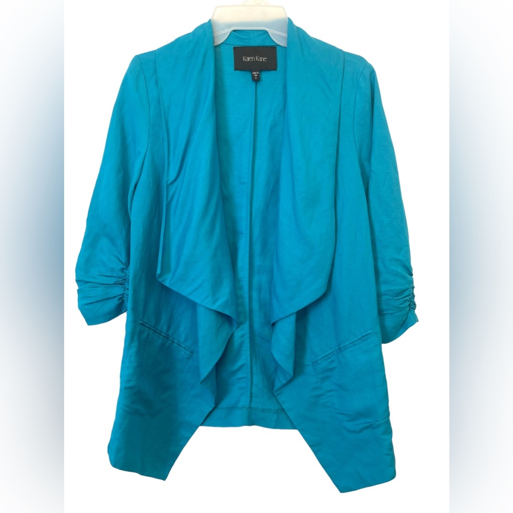Karen Kane Turquoise Linen Blend Open Front Blazer Jacket Cardigan Small